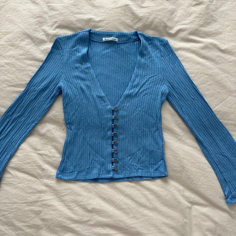 REFORMATION Gellar Knit Top in Robin Egg Blue